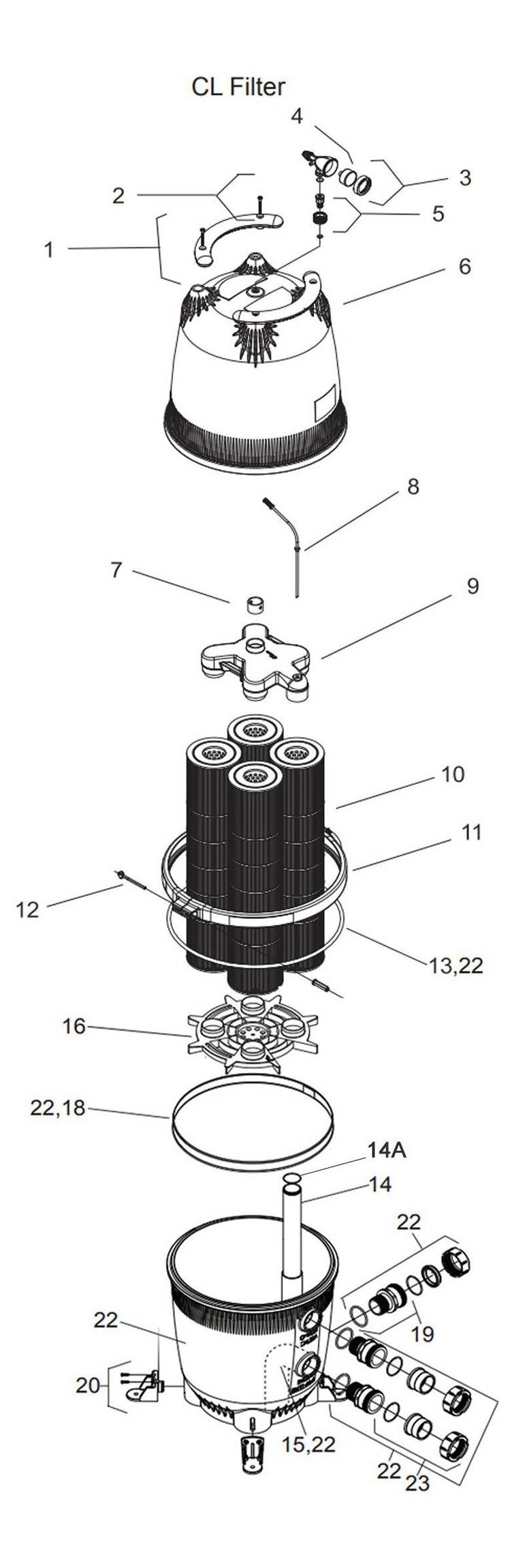 Jandy CL Series Cartridge Pool Filter | 580 Sq Ft | CL580 Parts Schematic