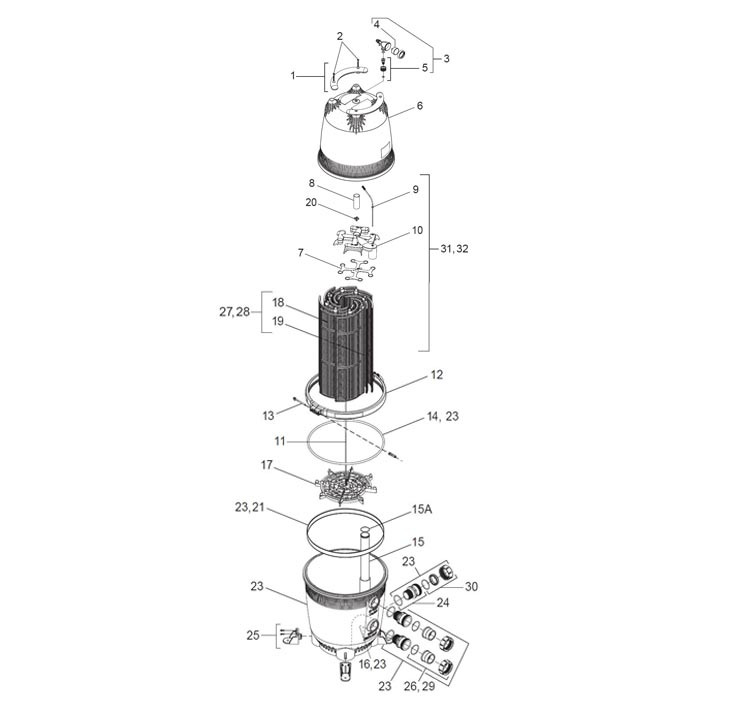 Jandy DEV Series DE Filter |  60 Sq Ft | Requires Backwash Valve | DEV60 Parts Schematic