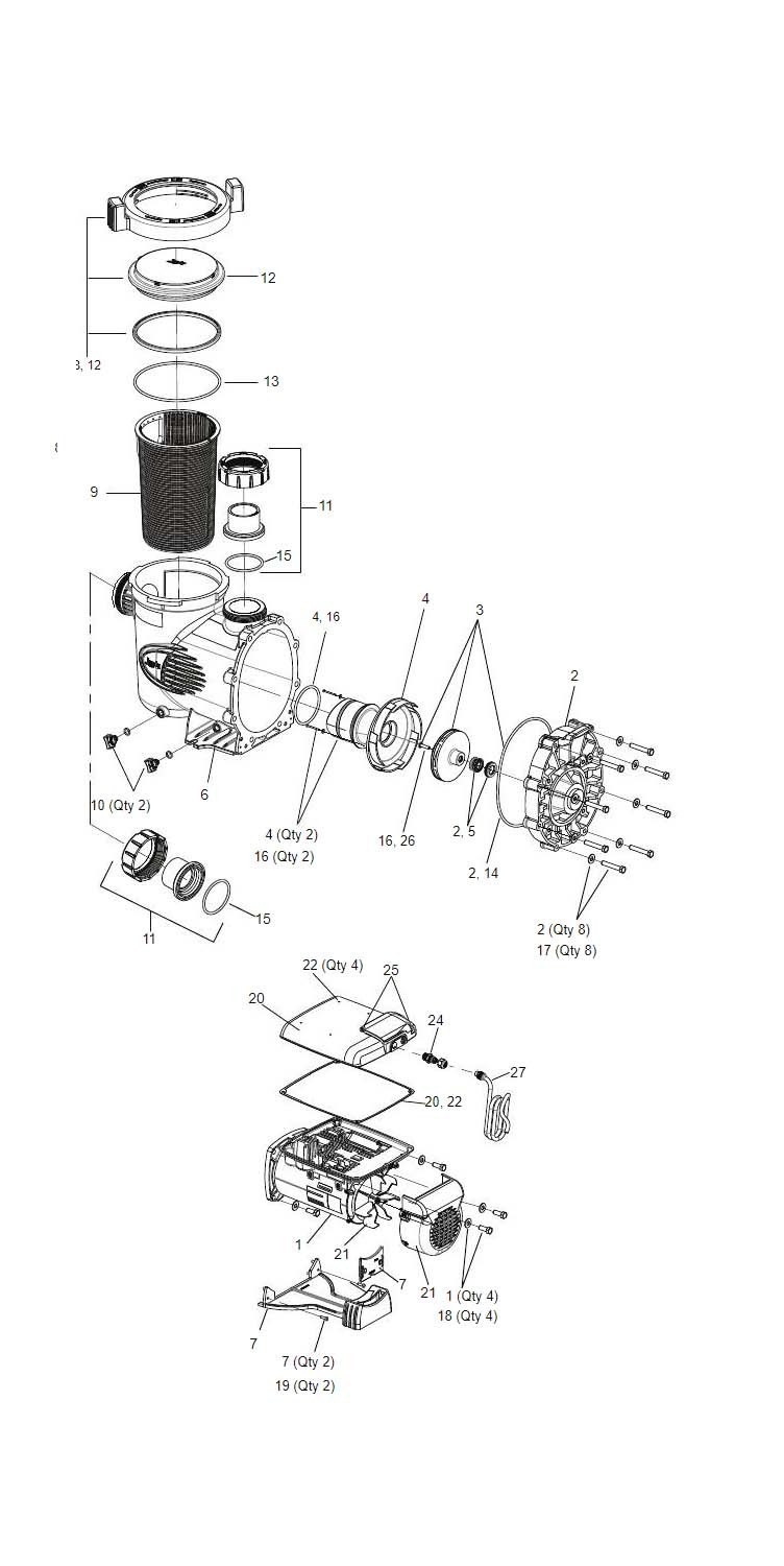 Jandy ePump Variable Speed Pump without Controller | 2.7HP 230V  | VSSHP270AUT Parts Schematic