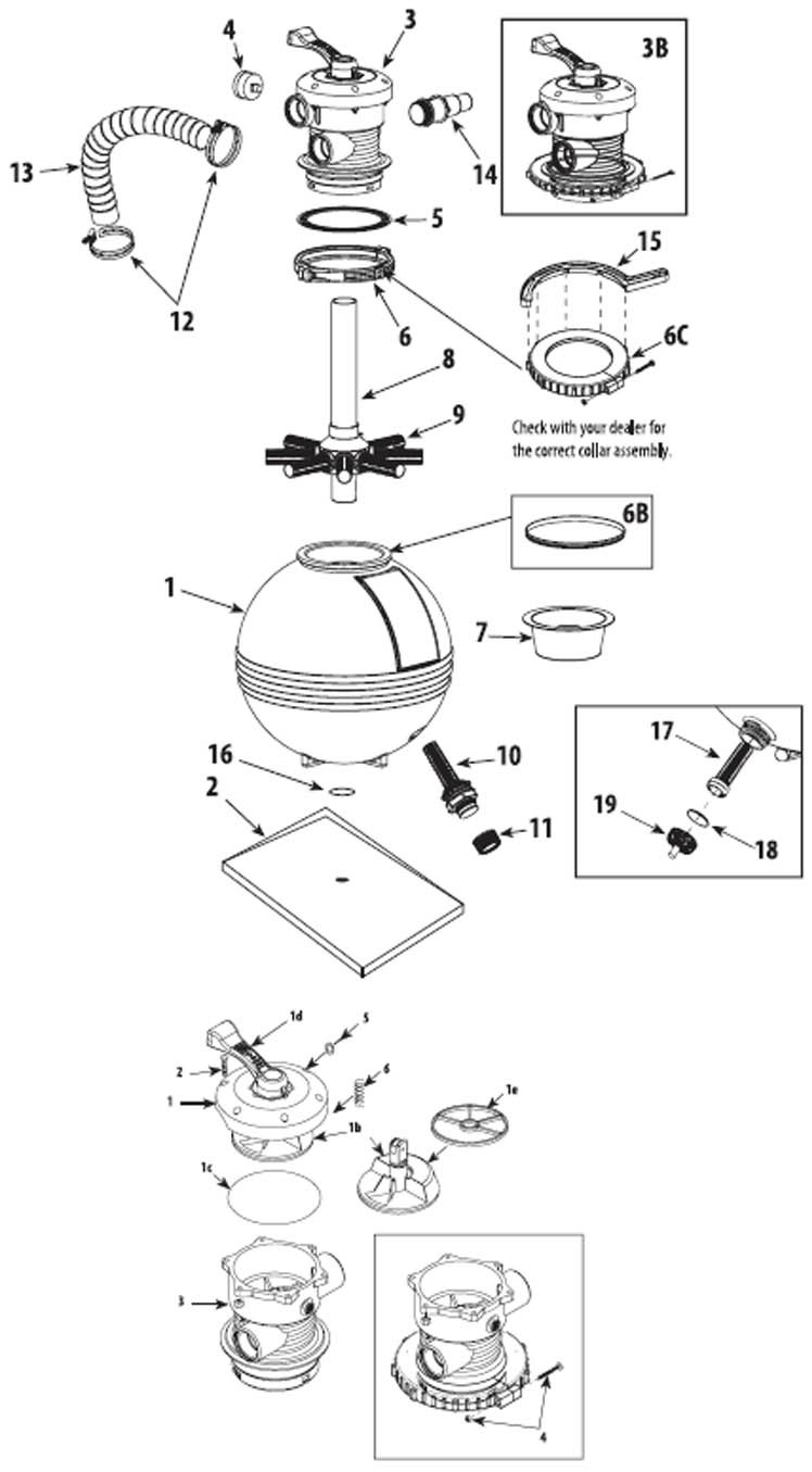 Waterway TWM 19" Sand Filter System | 1HP 2-Speed Pump 2 Sq. Ft. Filter | 522-1910 Parts Schematic