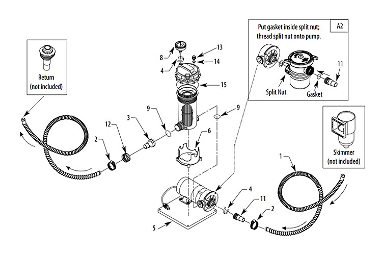 Waterway TWM-30 Above Ground Cartridge Filter System | 1/8HP Pump with Trap 25 Sq. Ft. Filter | 520-4070 Parts Schematic