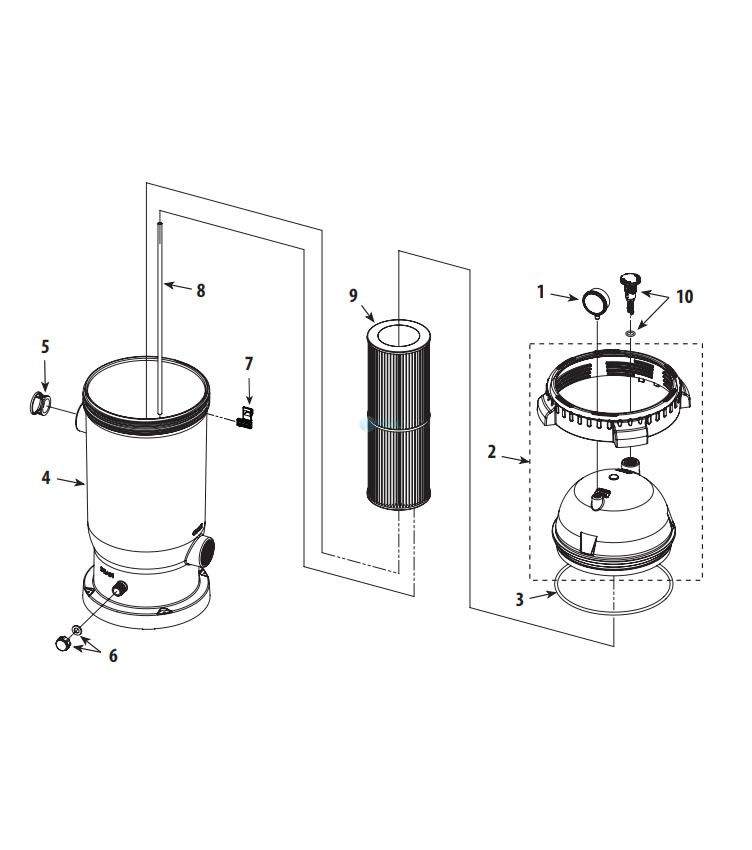 Waterway ProClean Plus Single Cartridge Filter | 125 Sq. Ft. 125 GPM | PCCF-125 Parts Schematic