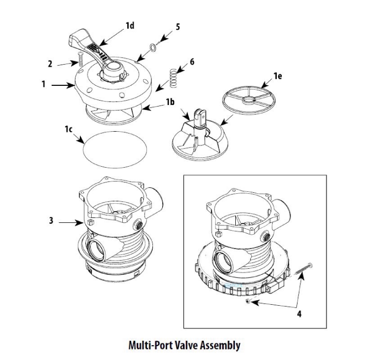 Waterway 1.5" Top Mount 7-Function Split-Nut Sand Filter Backwash Valve | WVS003B Parts Schematic