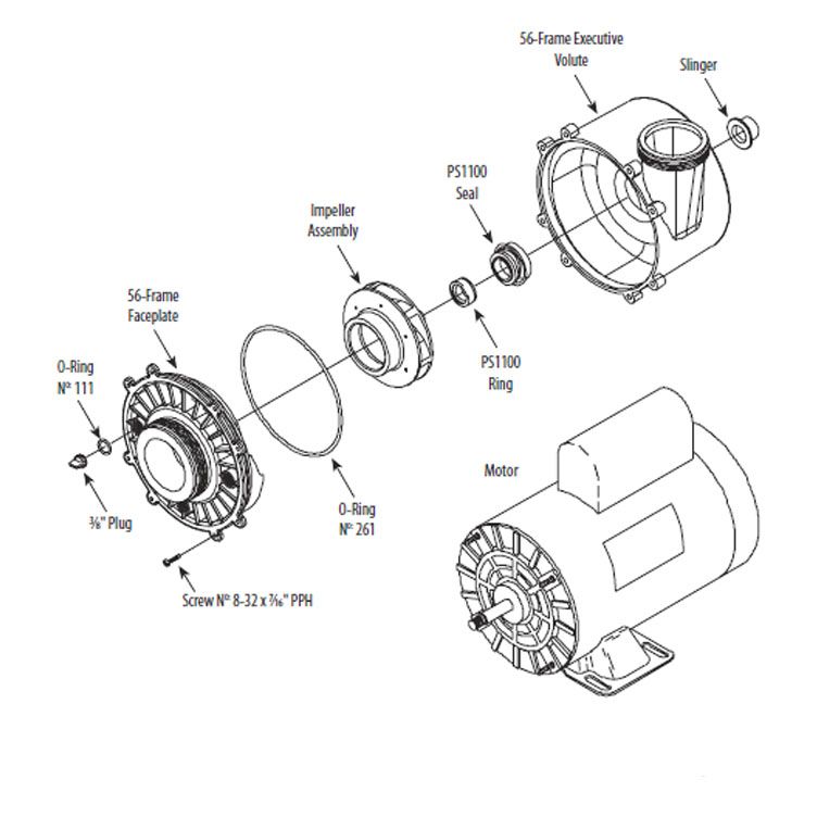 Waterway Executive 56 Spa Pump | 1-Speed 2HP 230V 56-Frame 2" Intake 2" Discharge | 3710821-1D Parts Schematic