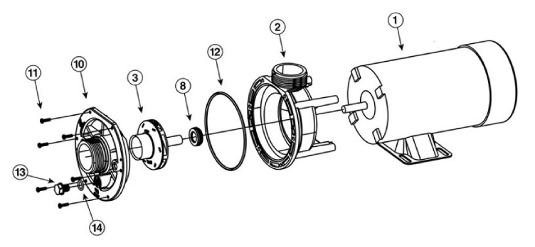 Waterway E Series Spa Pump | 1 Speed 1.5HP 115V 48-Frame Center Discharge | 3410610-15 Parts Schematic