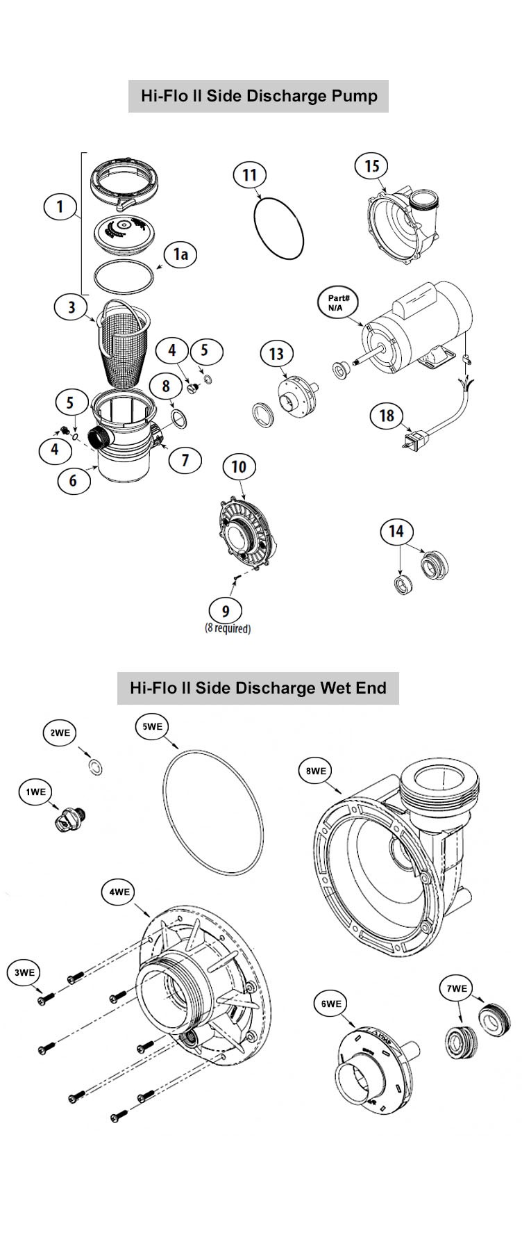 Waterway Hi Flo II 48 Frame Above Ground Side Discharge | 1HP 2-Speed Pump 3' NEMA Cord | PH2100-6R Parts Schematic