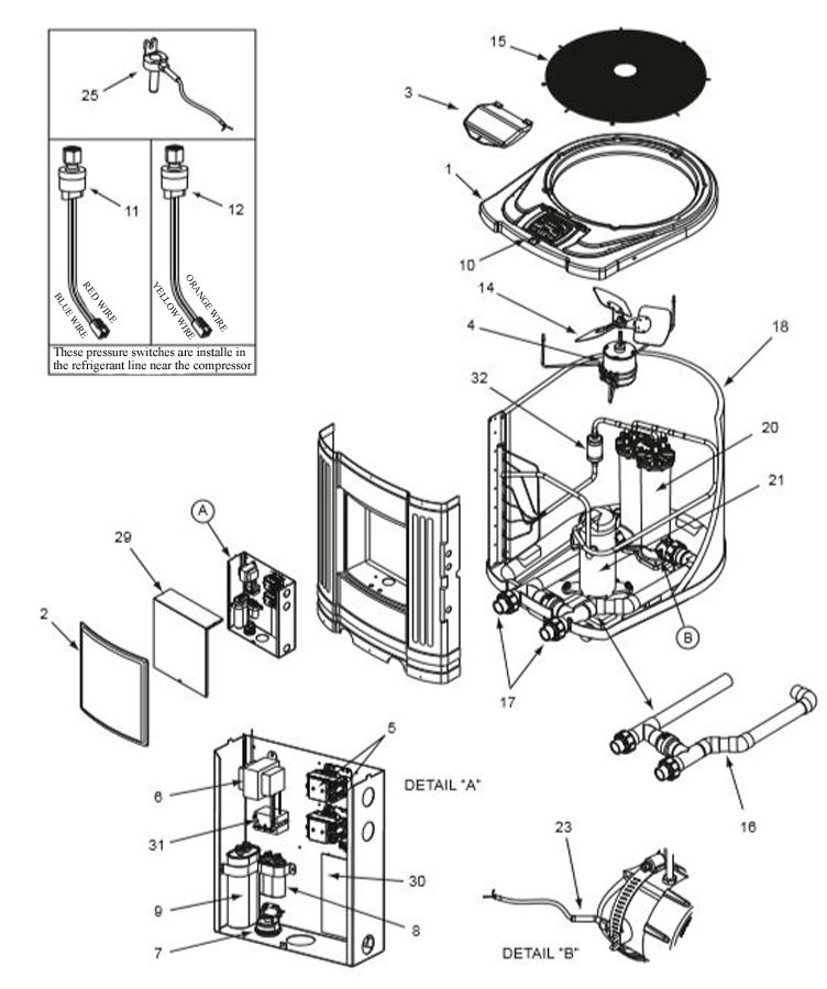 Jandy Air-Energy Titanium Digital Heat Pump 120K BTU | 6.3 COP | 230V 60Hz 1 Phase | Reverse Heat-Cold | EE2500T-R Parts Schematic