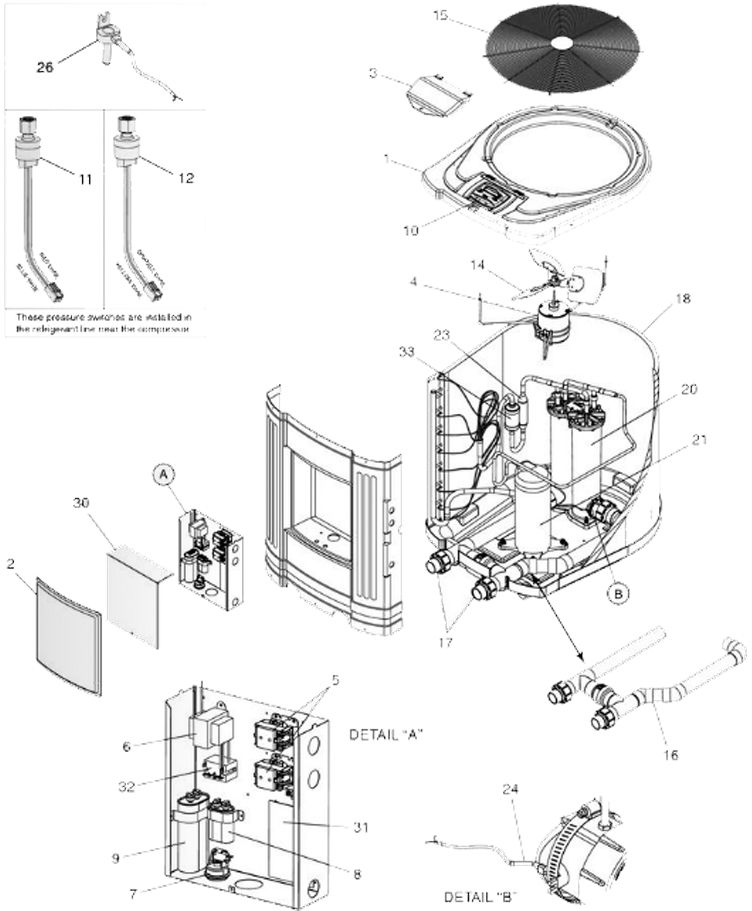 Jandy Air-Energy Titanium Digital Heat Pump 140K BTU | 6.1 COP | 230V 60Hz 3 Phase | Reverse Heat-Cold | EE3000T-R263 Parts Schematic