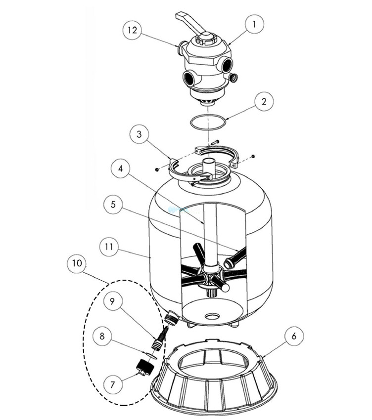 Pentair Sand Dollar SD70 24" Top Mount Sand Filter with Clamp Style 1.5" Multiport Backwash Valve | 3.15 Sq. Ft. | 145367 Parts Schematic