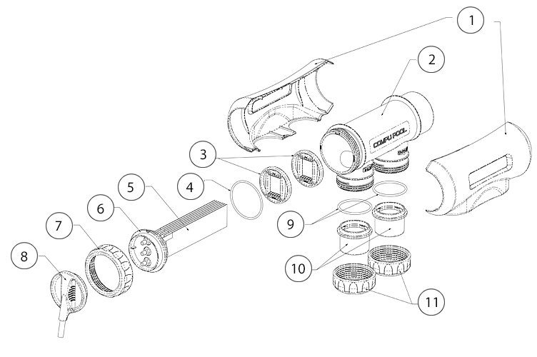 CompuPool OEM Replacement Salt Cell with Housing for CPSC16 | 4-Blade for up to 20,000 Gallons | JD363130B-COMPL Parts Schematic