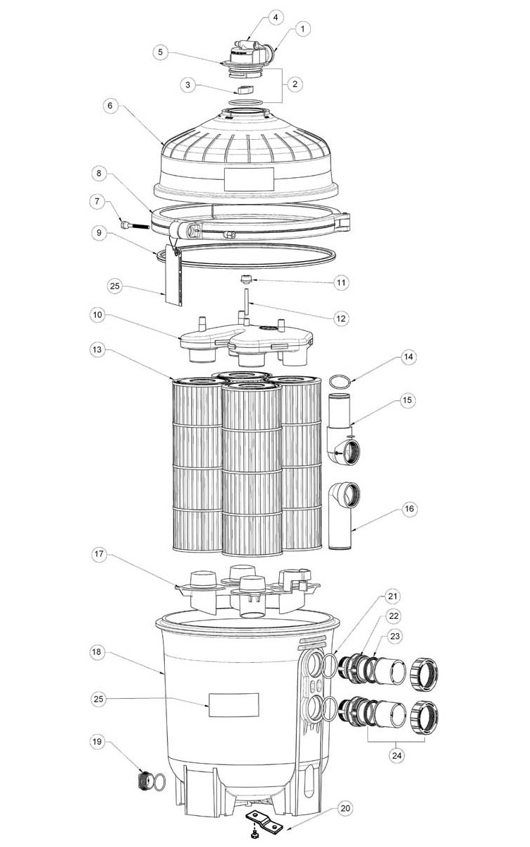 Hayward HCF Series Dual Quad-Cluster Commercial 700 Sq Ft Cartridge Filter | HCF7030C Parts Schematic