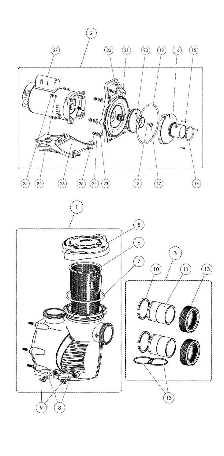 Pentair WhisperFloXF Energy Efficient Pool Pump | 2 Speed | 208/230V 2.5HP Up Rated | XFDS-30 | 022026 Parts Schematic