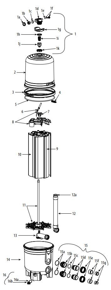 Waterway Crystal Water D.E. Filter | 36 Sq. Ft. 72 GPM | 570-0036-07 Parts Schematic