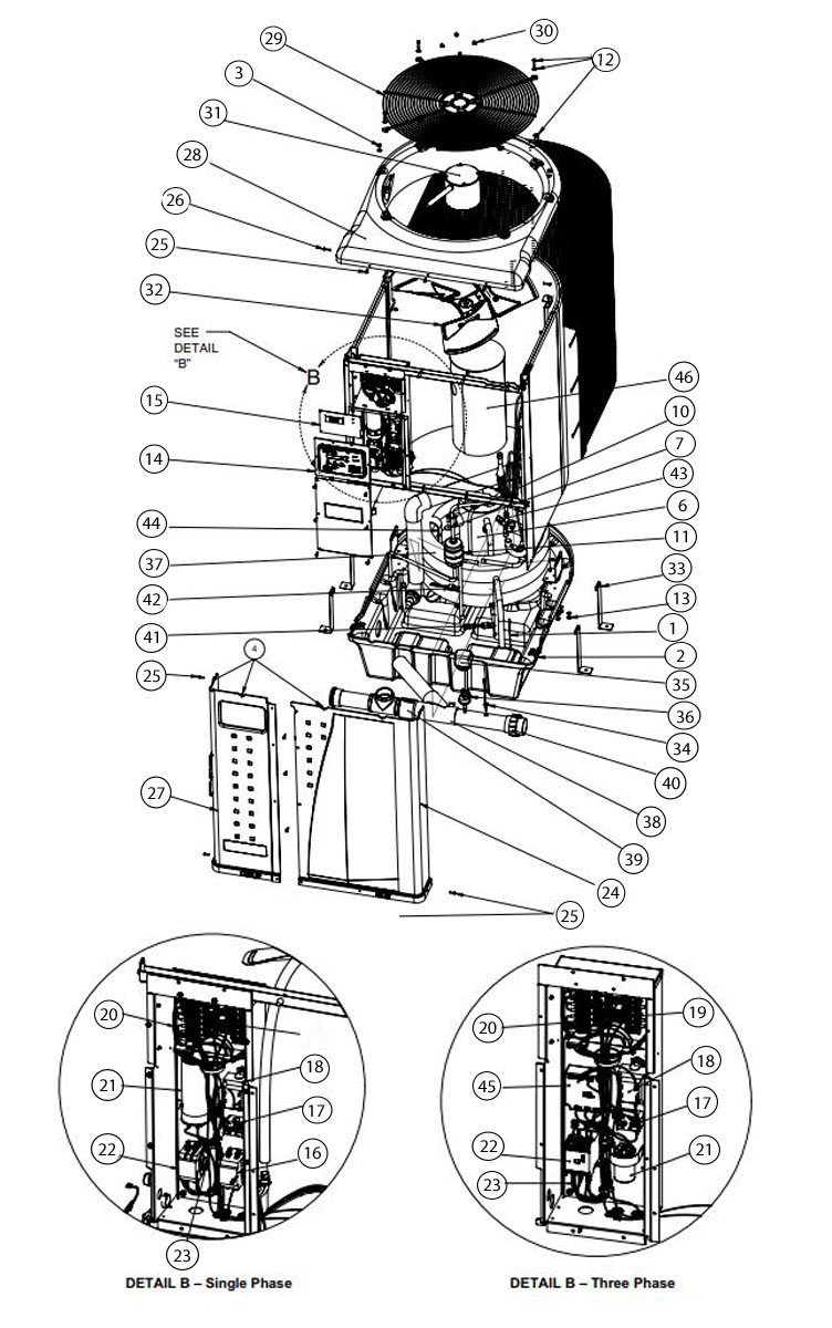 Pentair UltraTemp Heat Pump 125k BTU | 3-Phase | Titanium Heat Exchanger | Digital Controls | Black | 460967 Parts Schematic