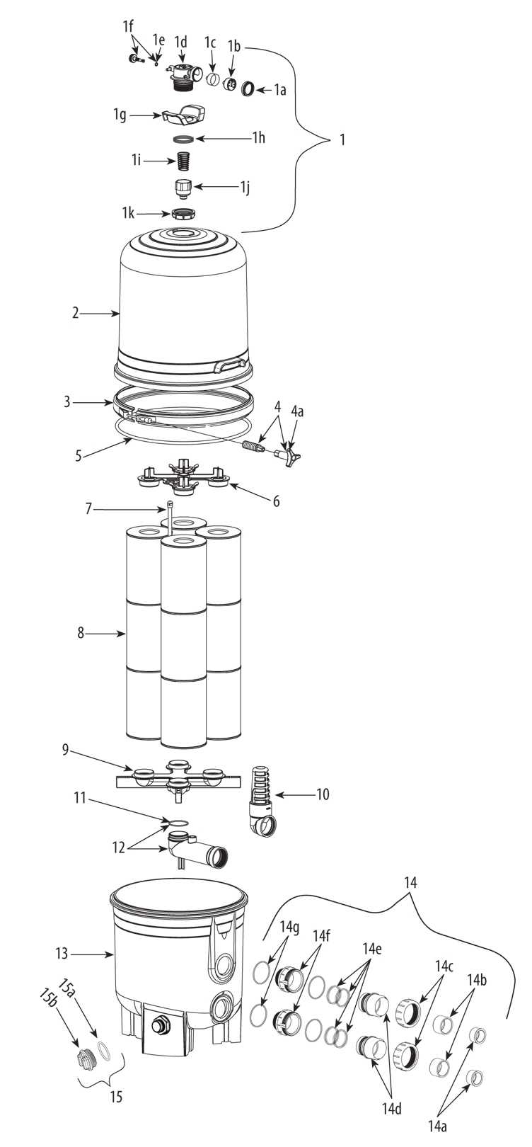 Waterway Crystal Water Cartridge Filter | 325 Sq. Ft. 112 GPM | 570-0325-07 Parts Schematic