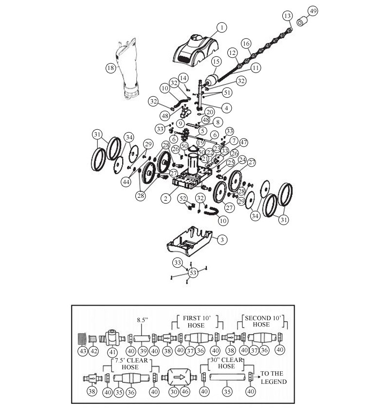 Pentair Kreepy Krauly Legend Pool Cleaner | Booster Pump Required | All Grey Model | LL505GG Parts Schematic