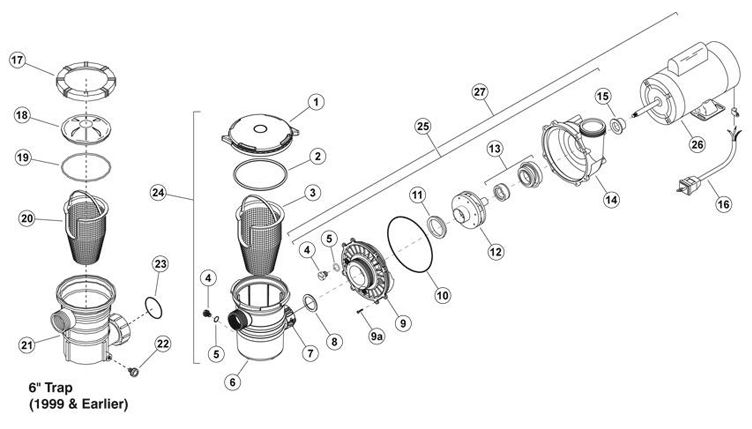 Waterway Hi Flo Spa Pump | Single Speed 1.0HP 115V 48-Frame Side Discharge | 3410410-10 Parts Schematic