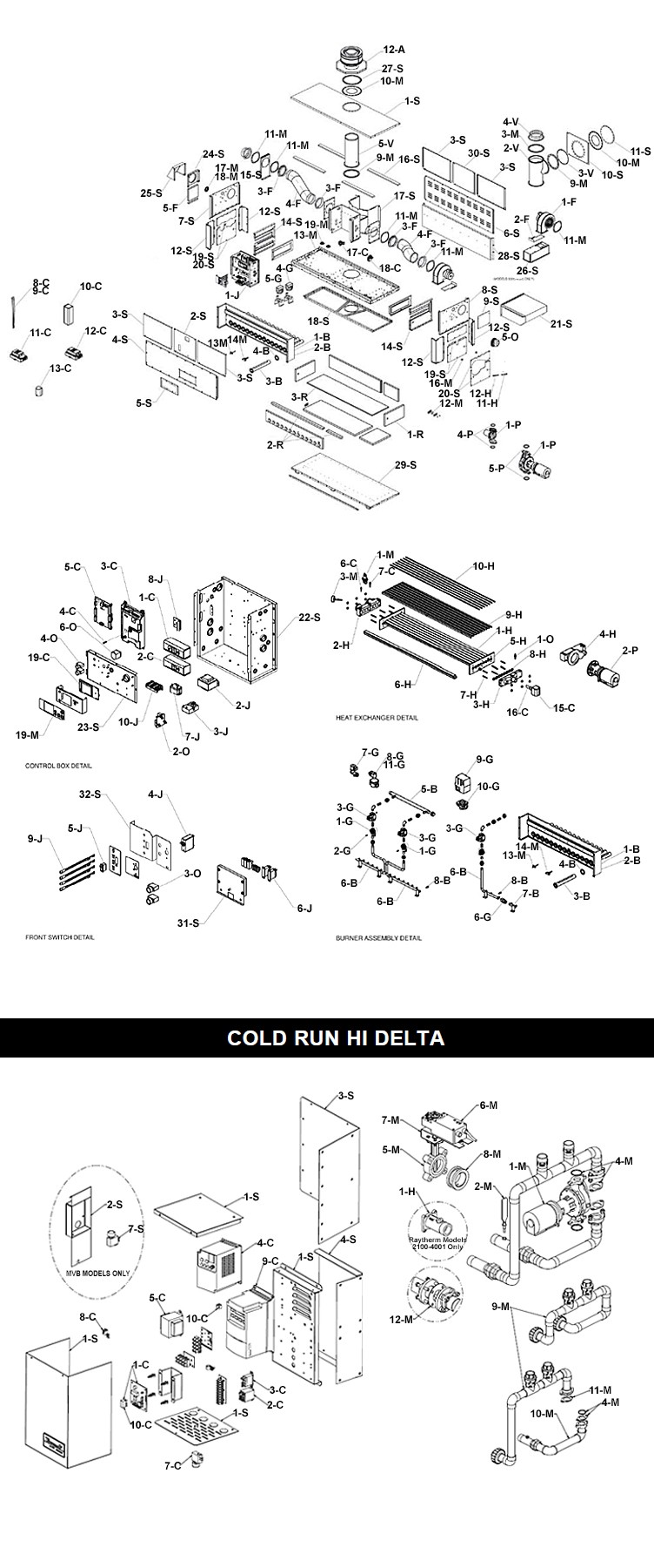 Raypak HI Delta Cold Run P-502C Commercial Indoor-Outdoor Swimming Pool Heater | Propane Gas 500,000 BTUH | 016095 Parts Schematic