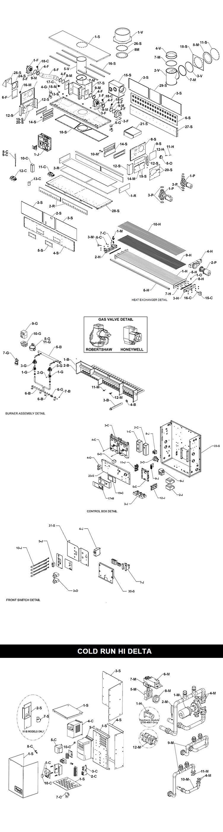 Raypak HI Delta P-1802C Cold Run Low NOx Commercial Swimming Pool Heater with Versa Control | Propane Gas 1,802,000 BTUH | Cupro Nickel Heat Exchanger | 016102 Parts Schematic