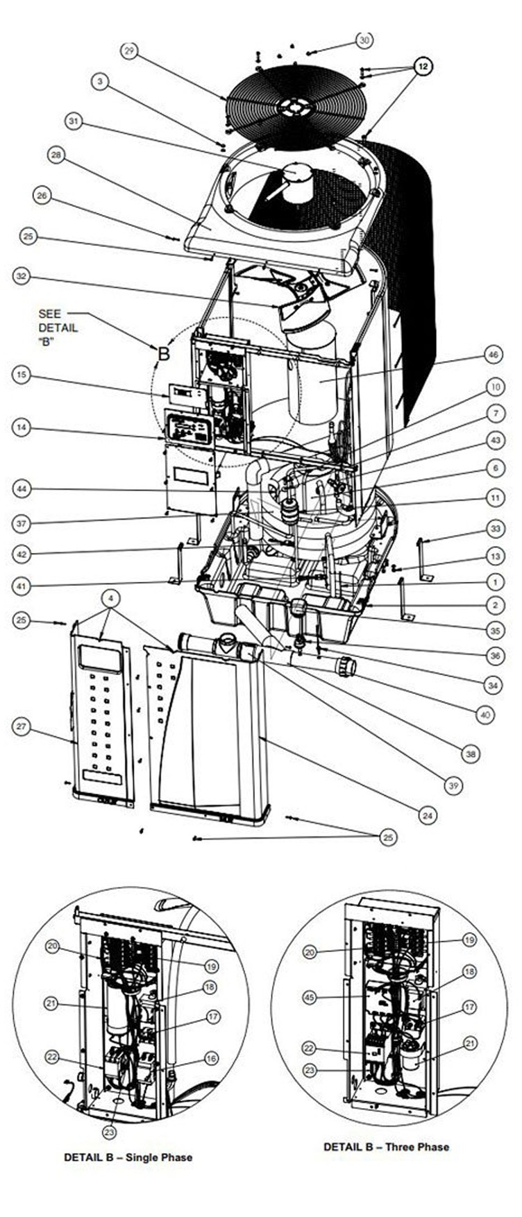 Pentair UltraTemp Heat Pump 140K BTU | Titanium Heat Exchanger | Digital Controls 3-Phase | Almond | 460928 Parts Schematic