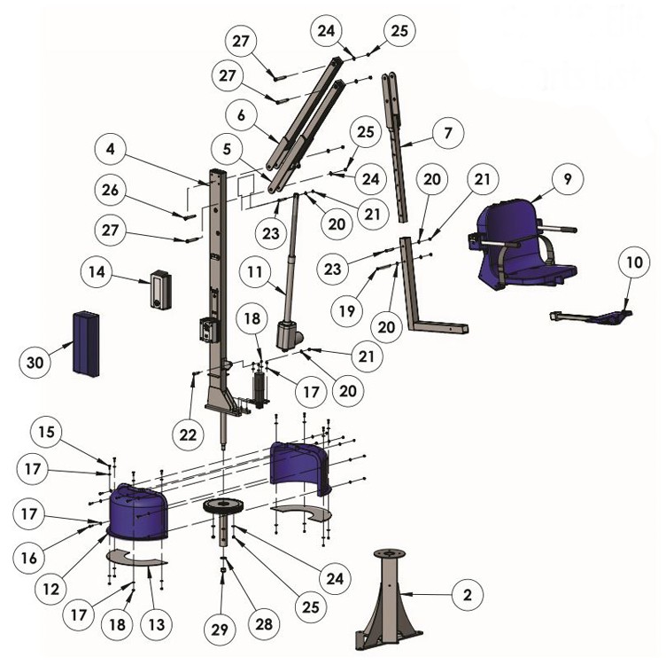 Aqua Creek Spa Lift Elite | No Anchor | White Powder Coat with Blue Seat | F-006SLE Parts Schematic