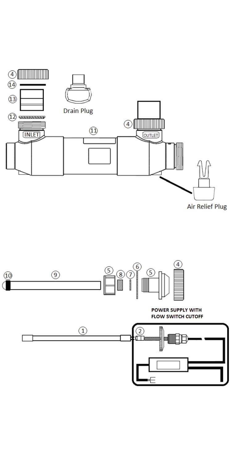 Pentair Bioshield Ultra Violet Sterilizer | 100 GPM | 150W 120/240V | 522638 Parts Schematic