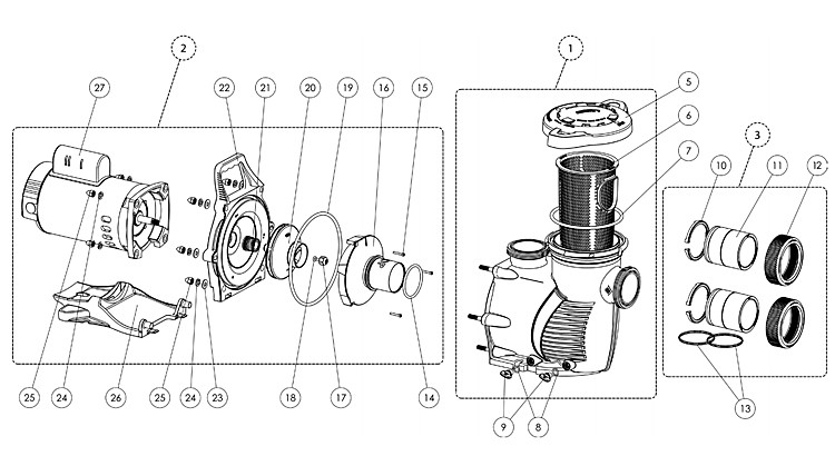 Pentair WhisperFloXF High Performance Pool Pump with Super-Duty TEFC Motor | 208-230V 2HP | XFET-8 | 022032 Parts Schematic