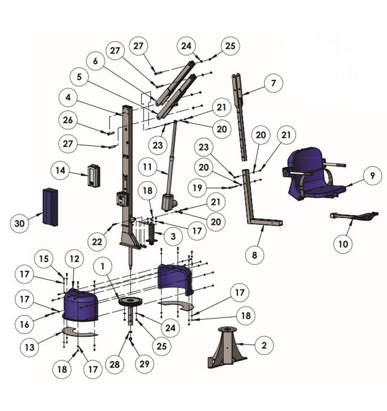 Aqua Creek Spa Lift Ultra | No Anchor | White Powder Coat with Blue Seat | F-005SLU Parts Schematic