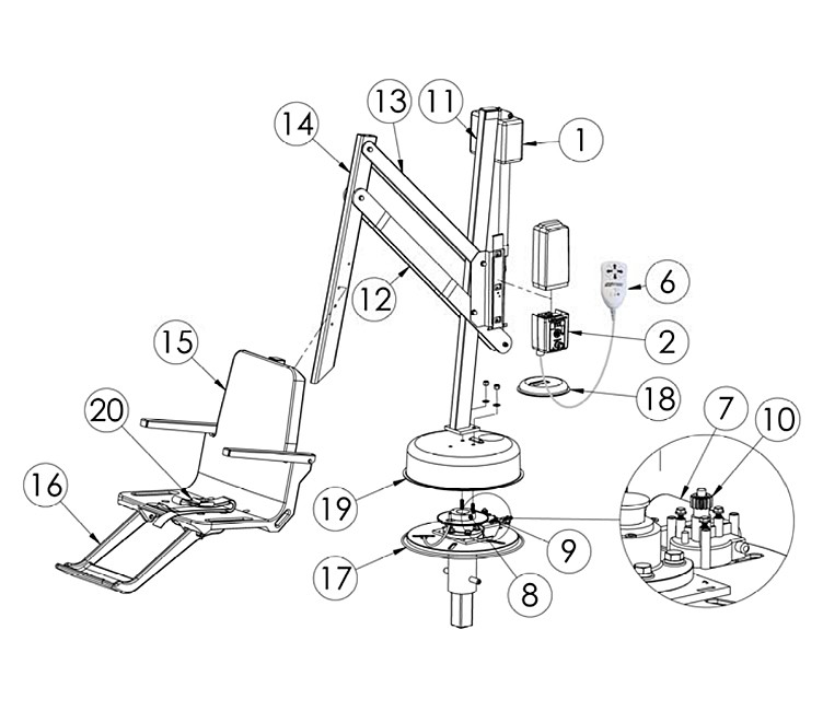 SR Smith Splash! Aquatic ADA Compliant Pool Lift | No Anchor | 300-0000N Parts Schematic