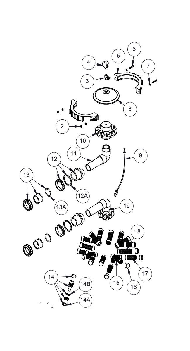 Waterco 36" HRV Fiberglass Side Mount Sand Filter | 2" Connections & 2" Multiport Valve 2290590 | 22207368A Parts Schematic