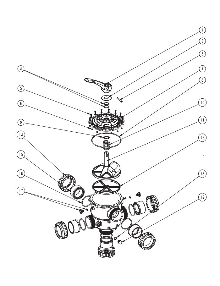 Waterco Multiport Valve for use with Sand Filters | 3" Side Mount Valve with Union Connections | 2290800 Parts Schematic