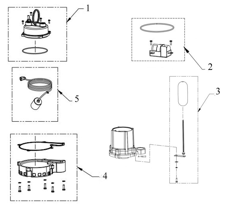 Franklin Electric Little Giant 6EC Series Submersible Sump Pump | 6EC-CIA-SFS .33HP 115V 53 GPM 20-Foot Power Cord | 506804 Parts Schematic