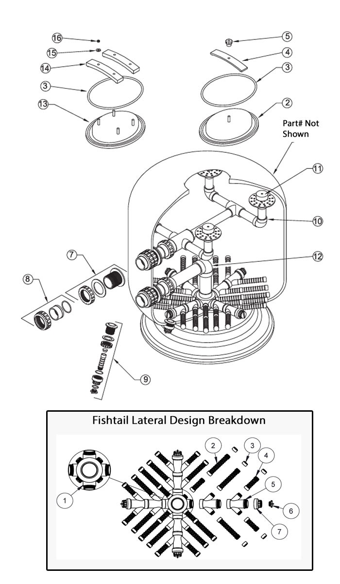 Waterco Micron SM1050 42" Commercial Vertical Sand Filter | 3" Bulkhead Connections 100 PSI | 9.62 Sq. Ft. 96 GPM | 22001057801NA Parts Schematic