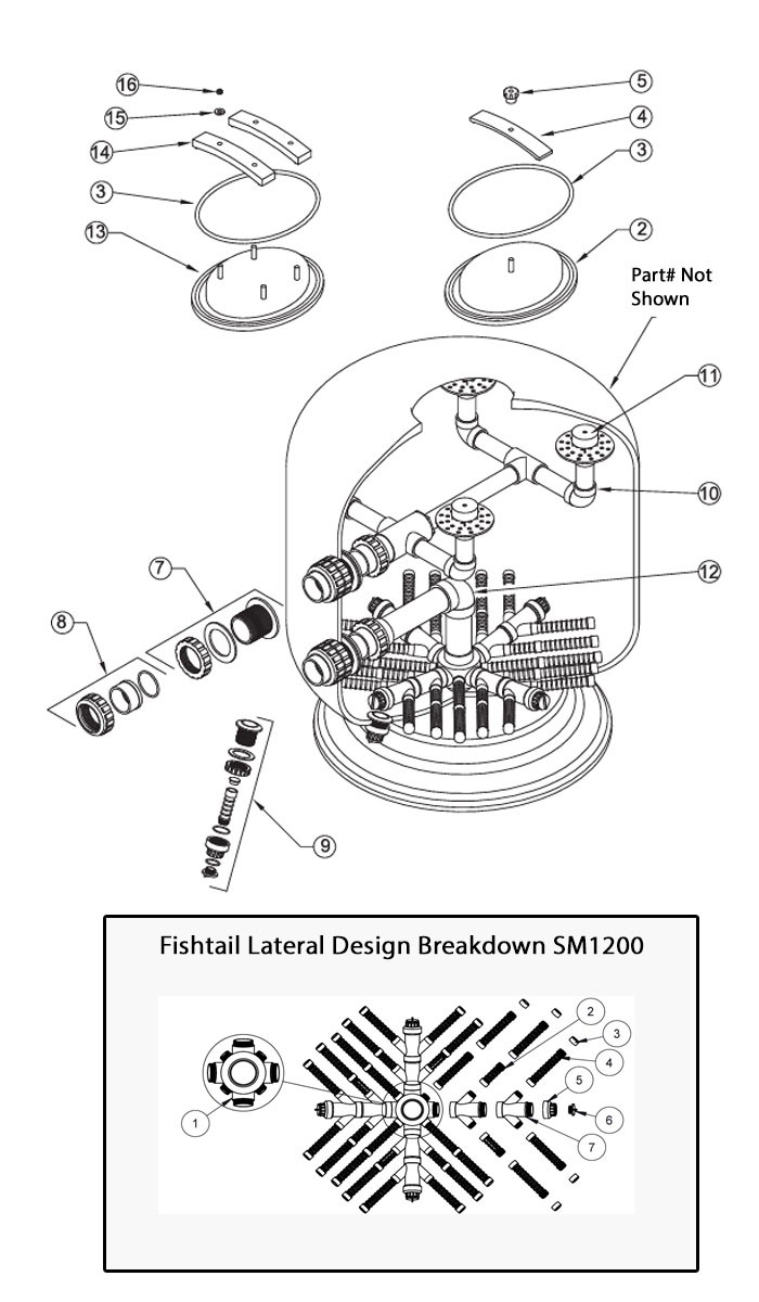 Waterco Micron SM1200 48" Commercial Vertical Sand Filter | 3" Bulkhead Connections 58 PSI | 12.56 Sq Ft. 126 GPM | 22001204801NA Parts Schematic