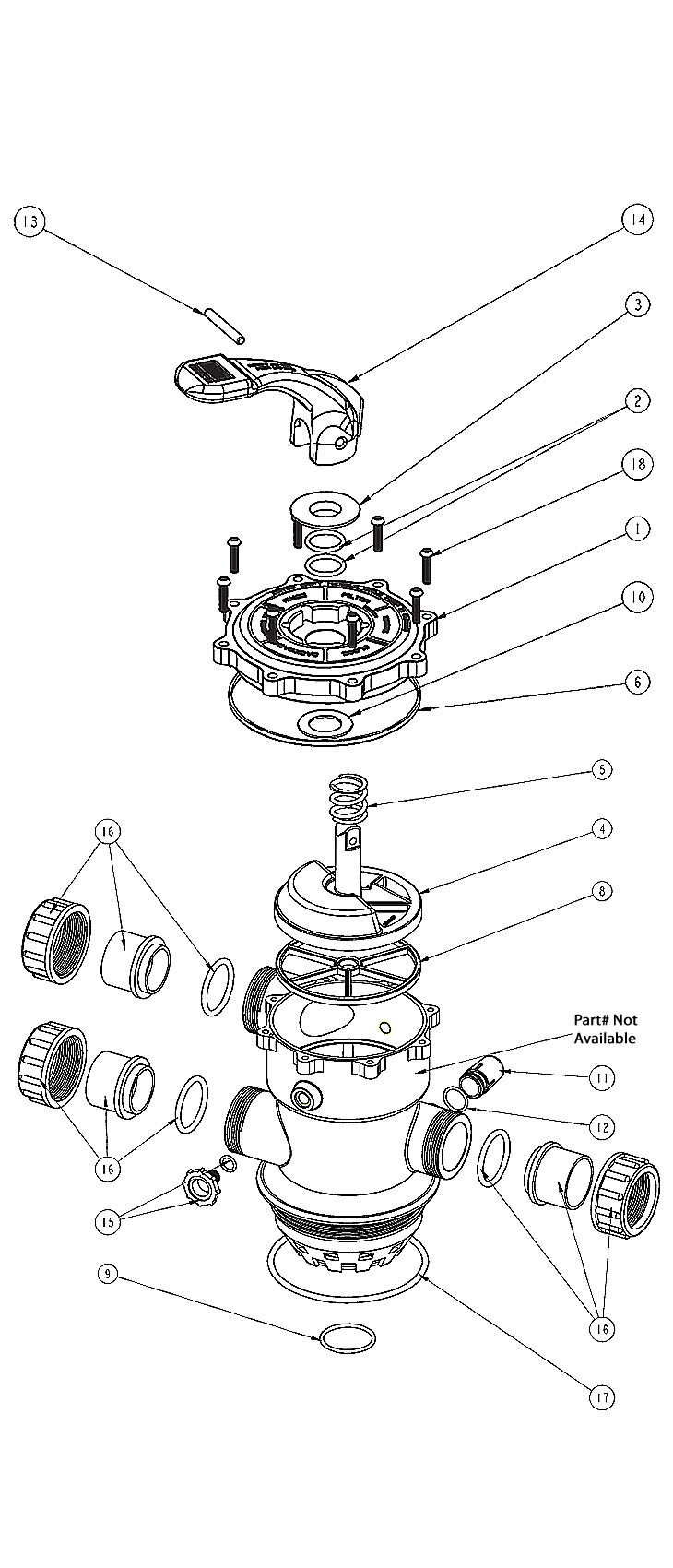 Waterco Multiport Valve for use with Sand Filters | 1.5" Top Mount Valve for Threaded Style T-Series Filters - No Unions Praher | 228042PA Parts Schematic