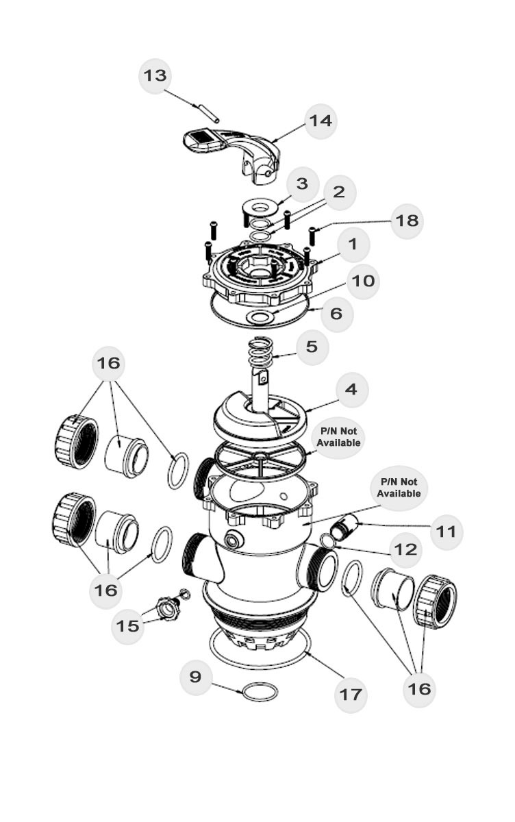 Waterco Multiport Valve for use with Sand Filters | 1.5" Top Mount Valve for Exotuf Filters with 6" Clamp Neck Praher | 22804455PA Parts Schematic