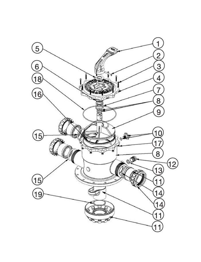Waterco Multiport Valve for use with Sand Filters | 2" for Top Mount Filter | 228053 Parts Schematic