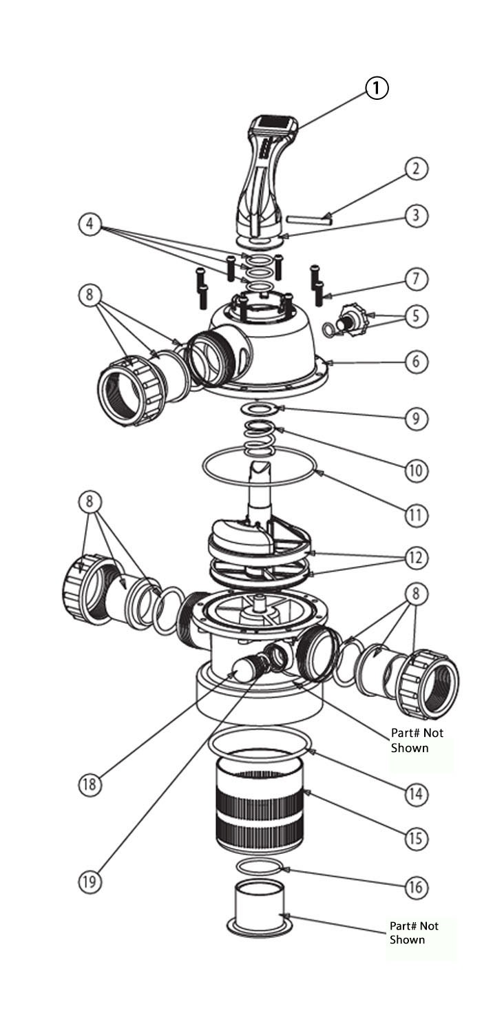 Waterco Multiport Valve for use with Sand Filters | 1.5" Top Mount - 5-Way Valve | 102 PSI | 2280262 Parts Schematic