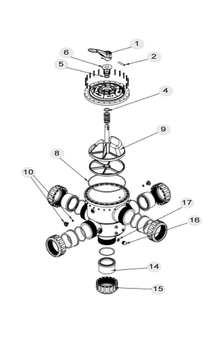 Waterco Multiport Valve for use with Sand Filters | Valve with Piping Kit | 4" Side Mount Valve & Bulkhead Connections | 2291005 Parts Schematic