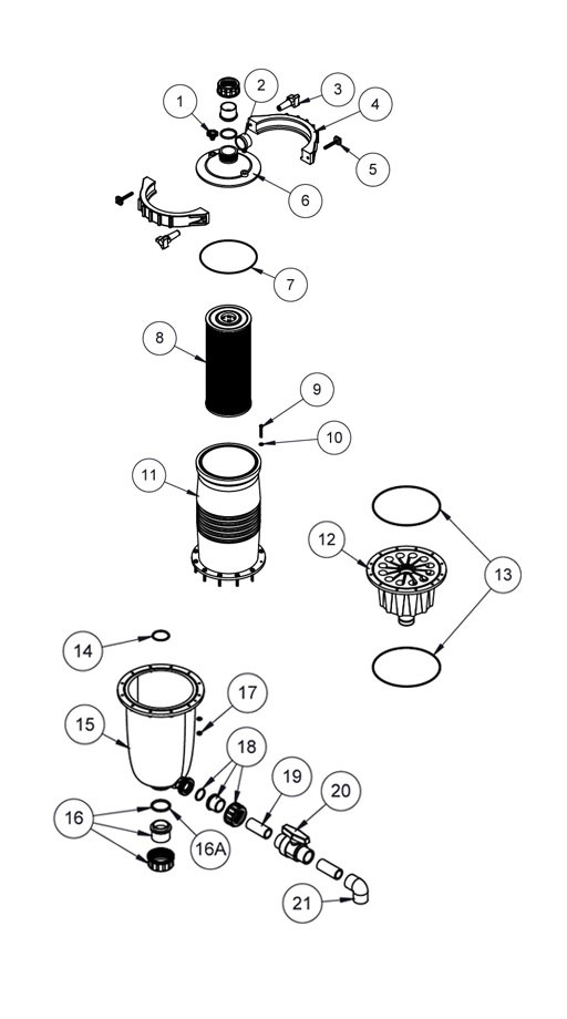 Waterco MultiCyclone Ultra MC12 Centrifugal Water Filtration - Cartridge Filter | 75sqft. - 1.5" | 200378 | 200378A Parts Schematic