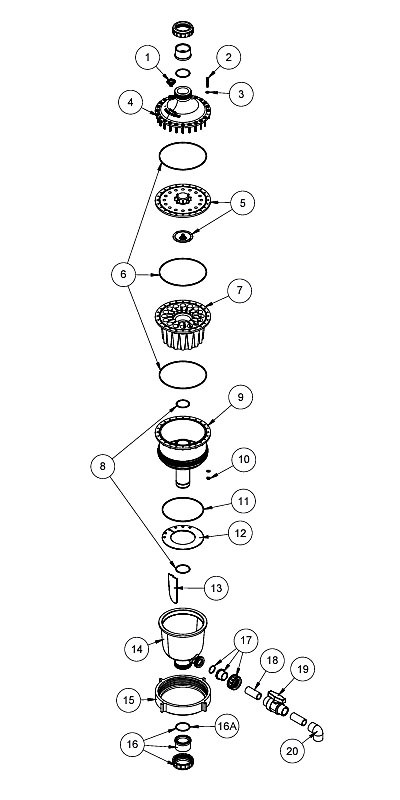 Waterco MultiCyclone PRO 1st Stage 16 Centrifugal Filter | 102 PSI  | 2" Connections | 200385 Parts Schematic