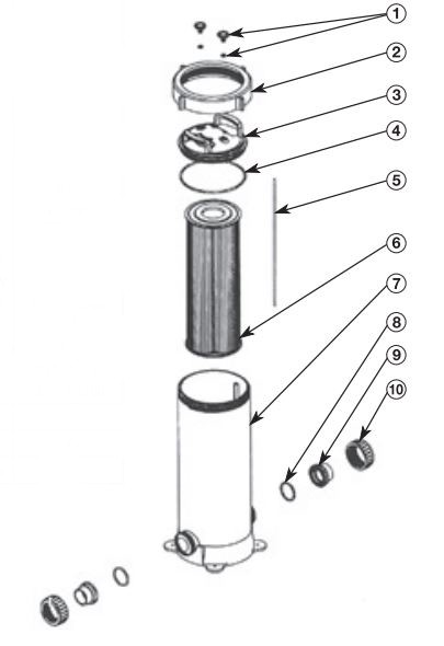 Waterco Trimline CC50 Cartridge Filter | 50 Sq. Ft. 19 GPM | 21450NA | 21450A Parts Schematic