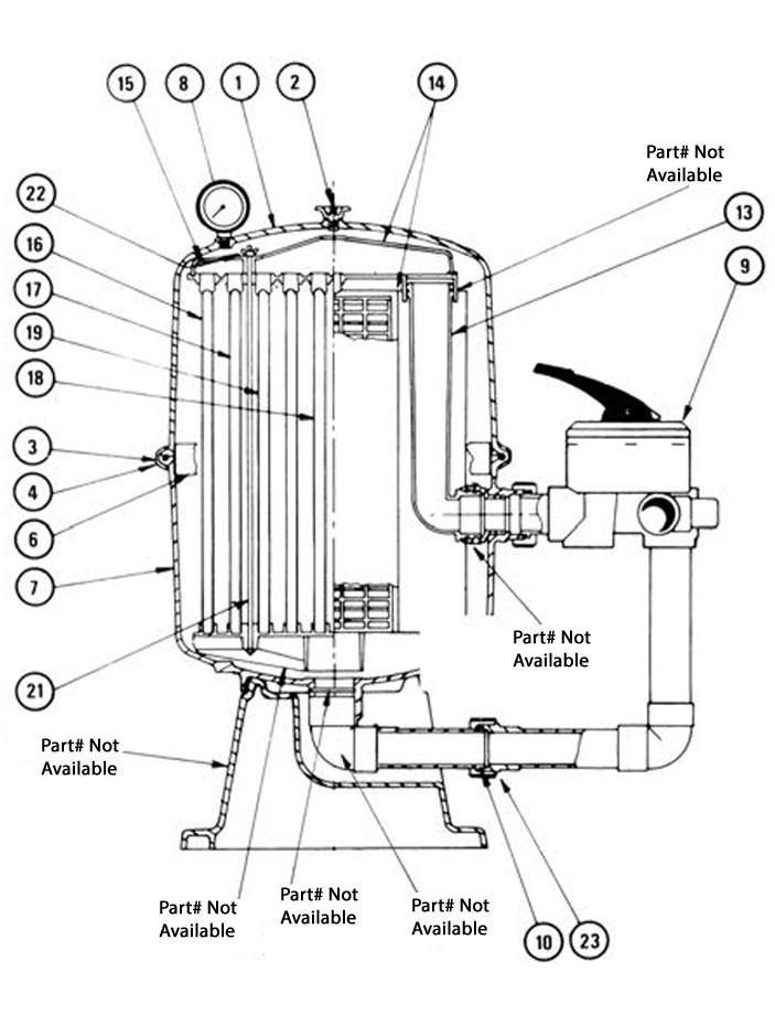 Waterco FulFlo DE Filter P2027 Complete | 1.5" Multi Purpose Valve & Piping | 230027A Parts Schematic