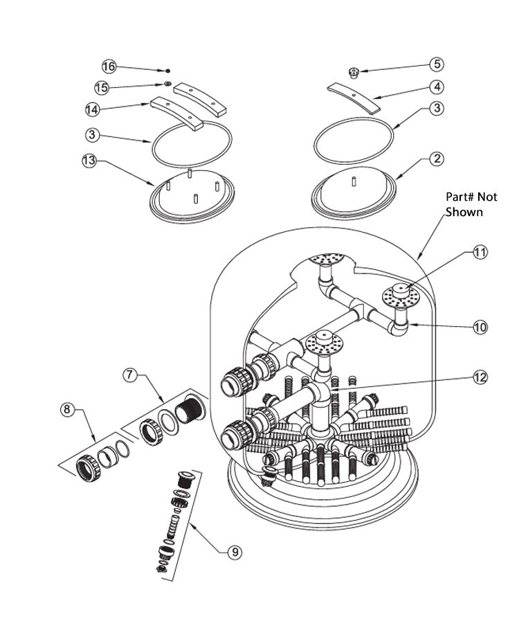 Waterco Micron SM1050 42" Commercial Vertical Sand Filter | 3" Bulkhead Connections 58 PSI | 9.62 Sq. Ft. 96 GPM | 22001054801NA Parts Schematic