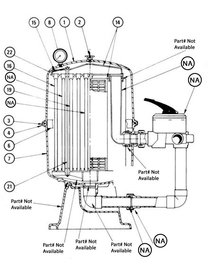 Waterco Fulflo P2036 D.E. Cartridge Filter | 36 Sq. Ft. 95 GPM | 230036NA Parts Schematic