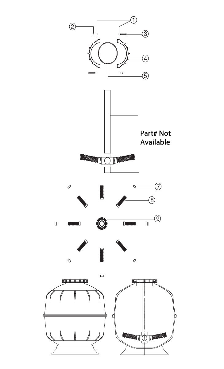 Waterco Exotuf Plus E702 28" Deep Bed Clamp Type Top Mount Sand Filter | 4 Sq. Ft. 80 GPM | 2260299NA Parts Schematic