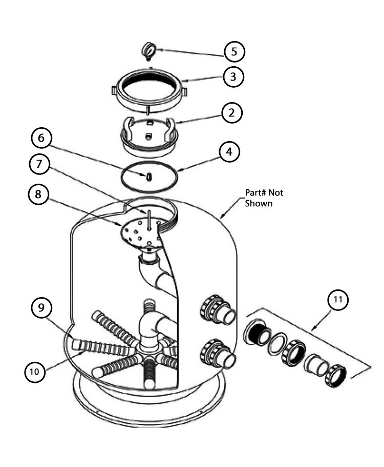 Waterco Micron SM500 20" Side Mount Sand Filter | 8" Neck - 1.5" Connect | 2.12 Sq. Ft. 42 GPM | 220008204NA Parts Schematic