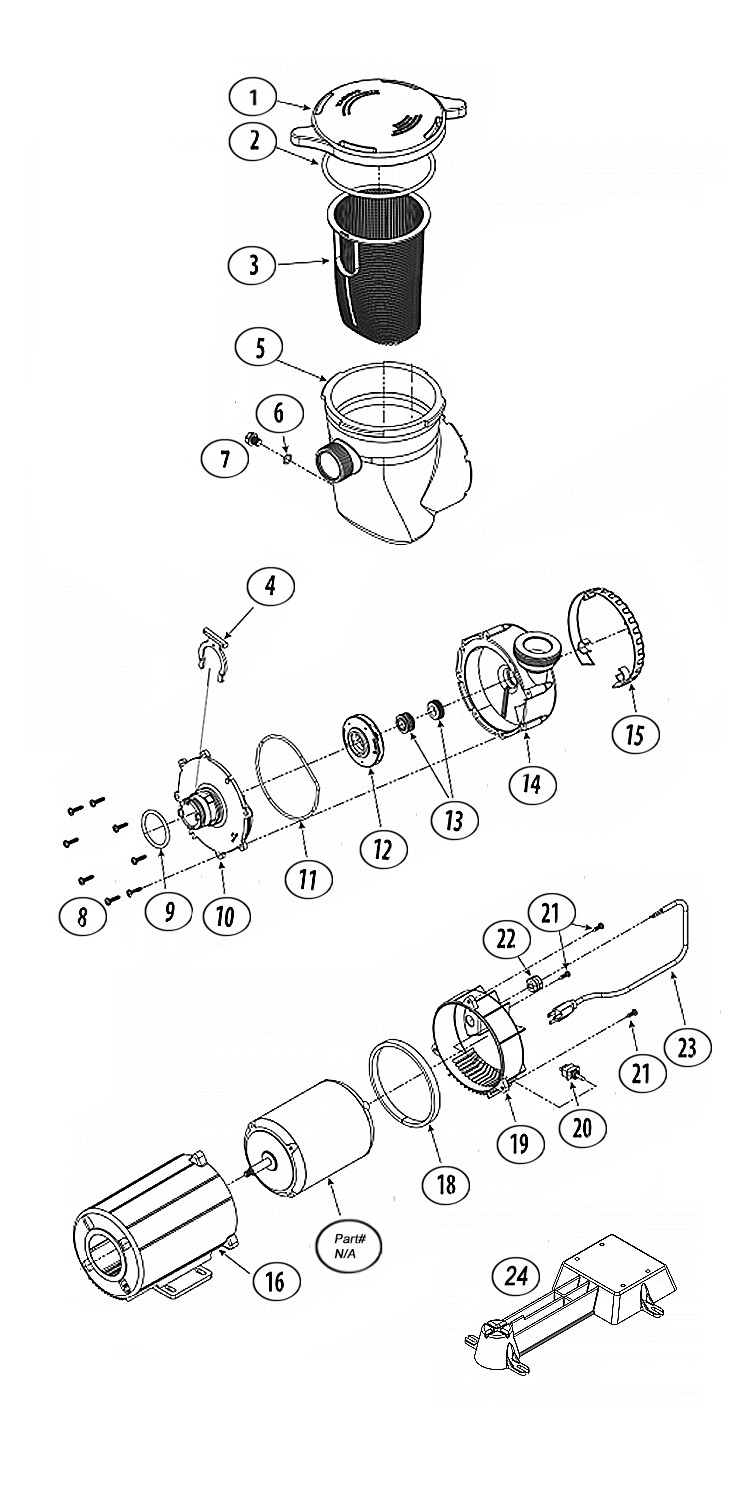 Waterway CSA Supreme 48-Frame .75HP Above Ground Pool Pump 115V 10.3 Amps | 25' NEMA Cord | PSPC1075-25 Parts Schematic