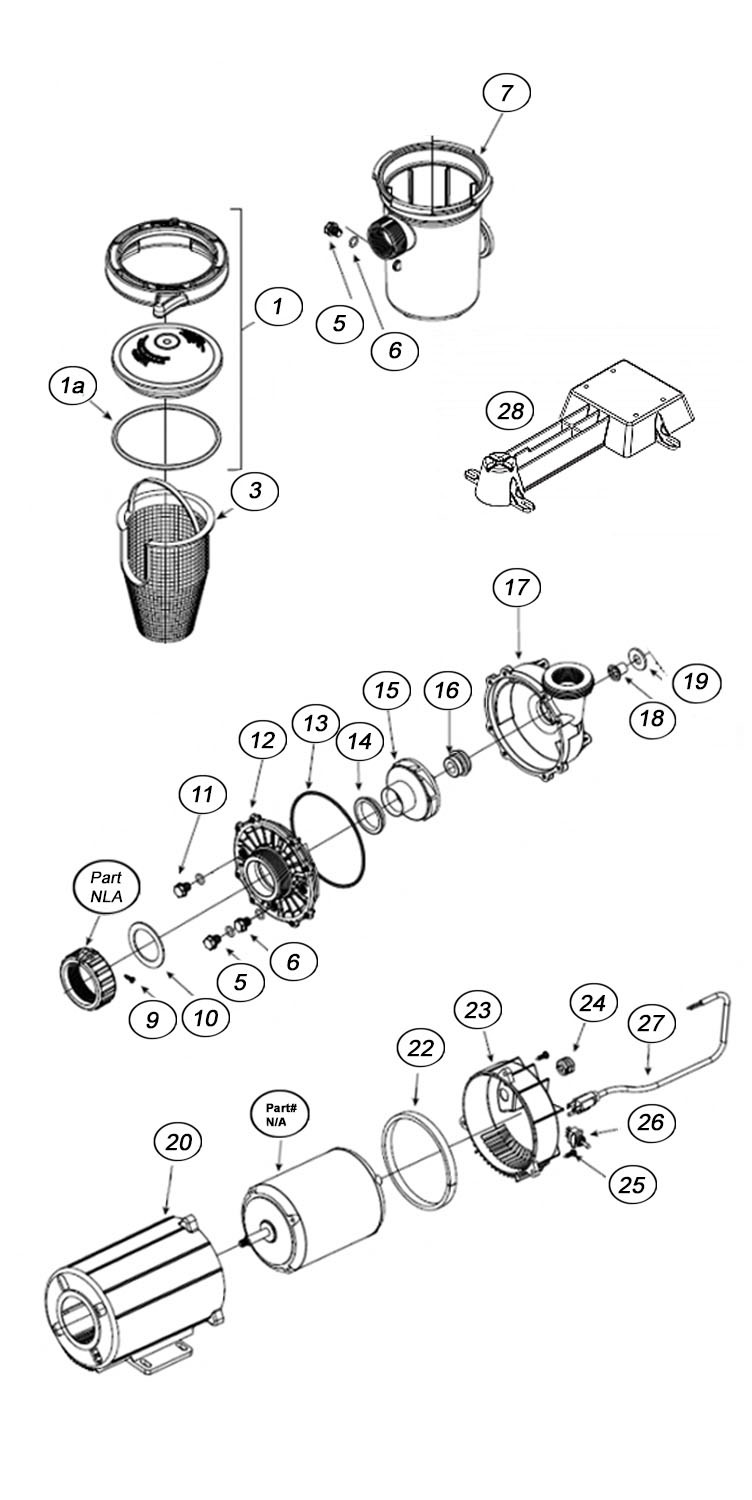 Waterway CSA Hi-Flo II Side Discharge 48-Frame 1HP Above Ground Pool Pump 115V 10.3 Amps | 25' NEMA Cord | PHC1100-25 Parts Schematic