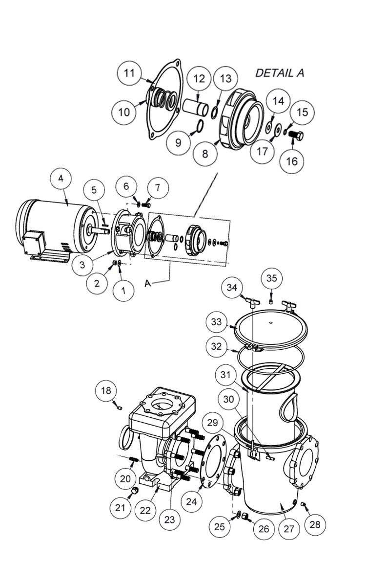 Waterco Hydro5000 10HP Cast Iron Commercial High Performance Pump | 3-Phase 208-230/460V | 19B05001 Parts Schematic